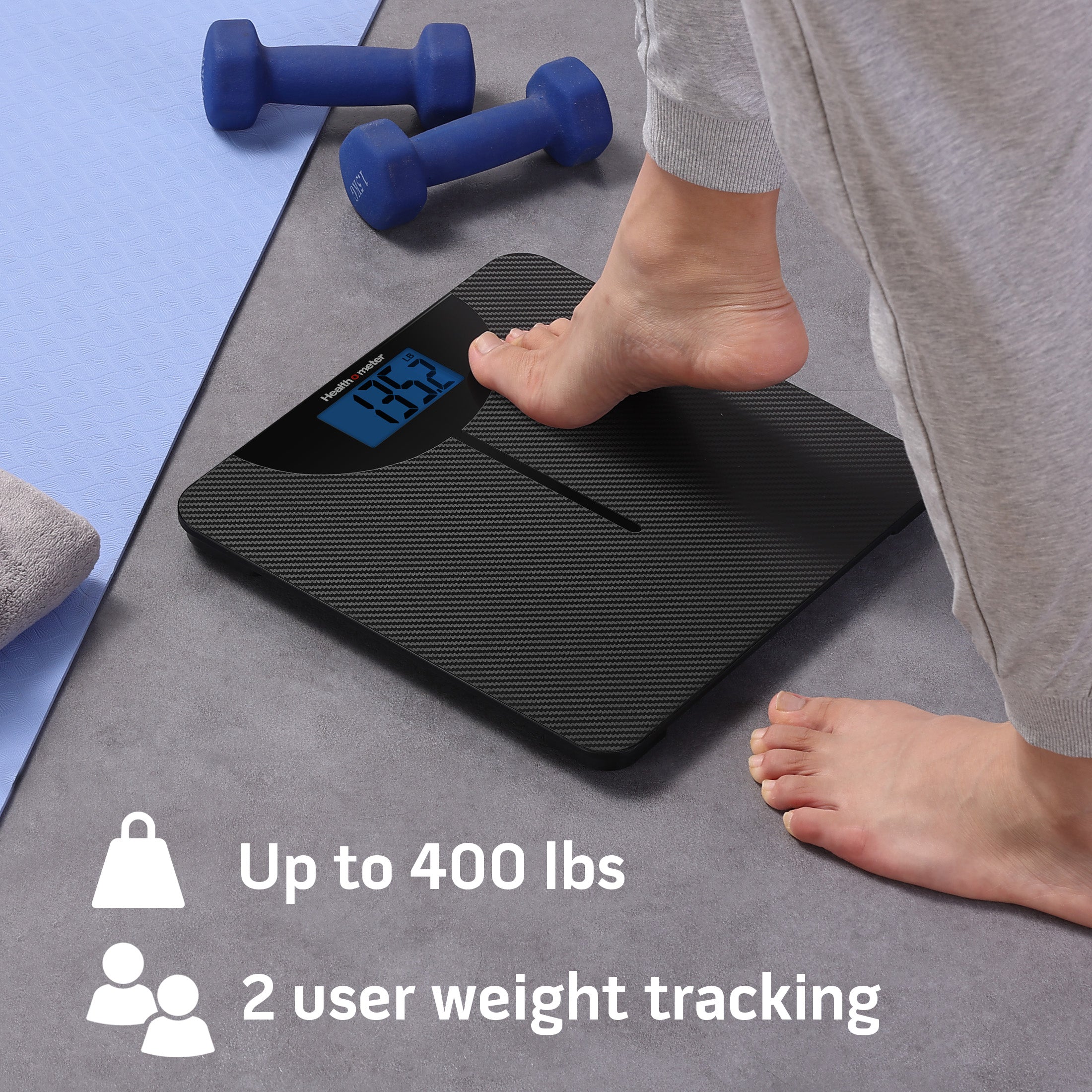 Health o meter Carbon Fiber Weight Tracking Digital Scale, 400 lbs Capacity, LCD Display, 2 Users, Black