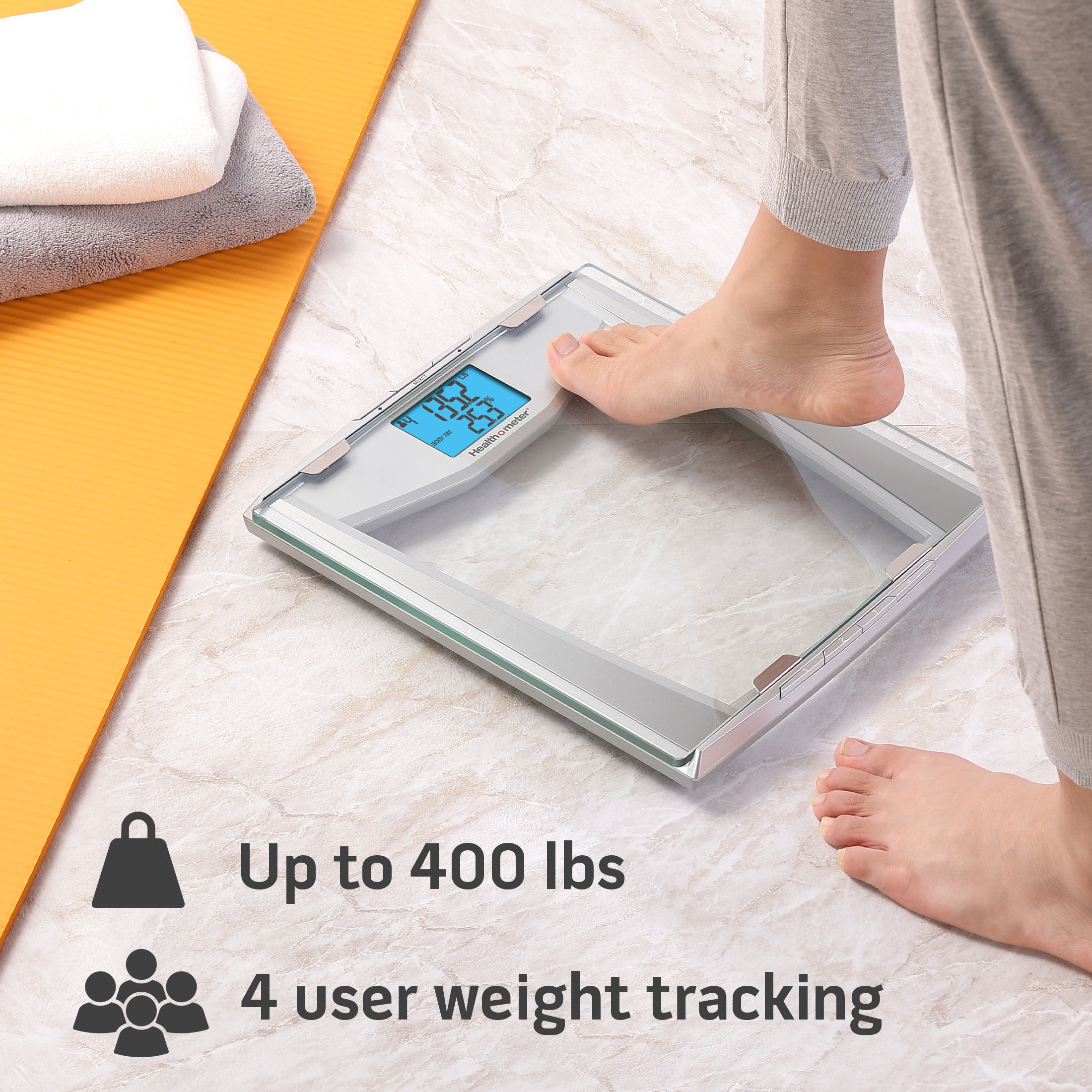 Health o meter Pro Fitness Body Fat Scale, 400 lbs Capacity, LCD Display, 4 Users, Athlete Mode, Tempered Glass, Clear
