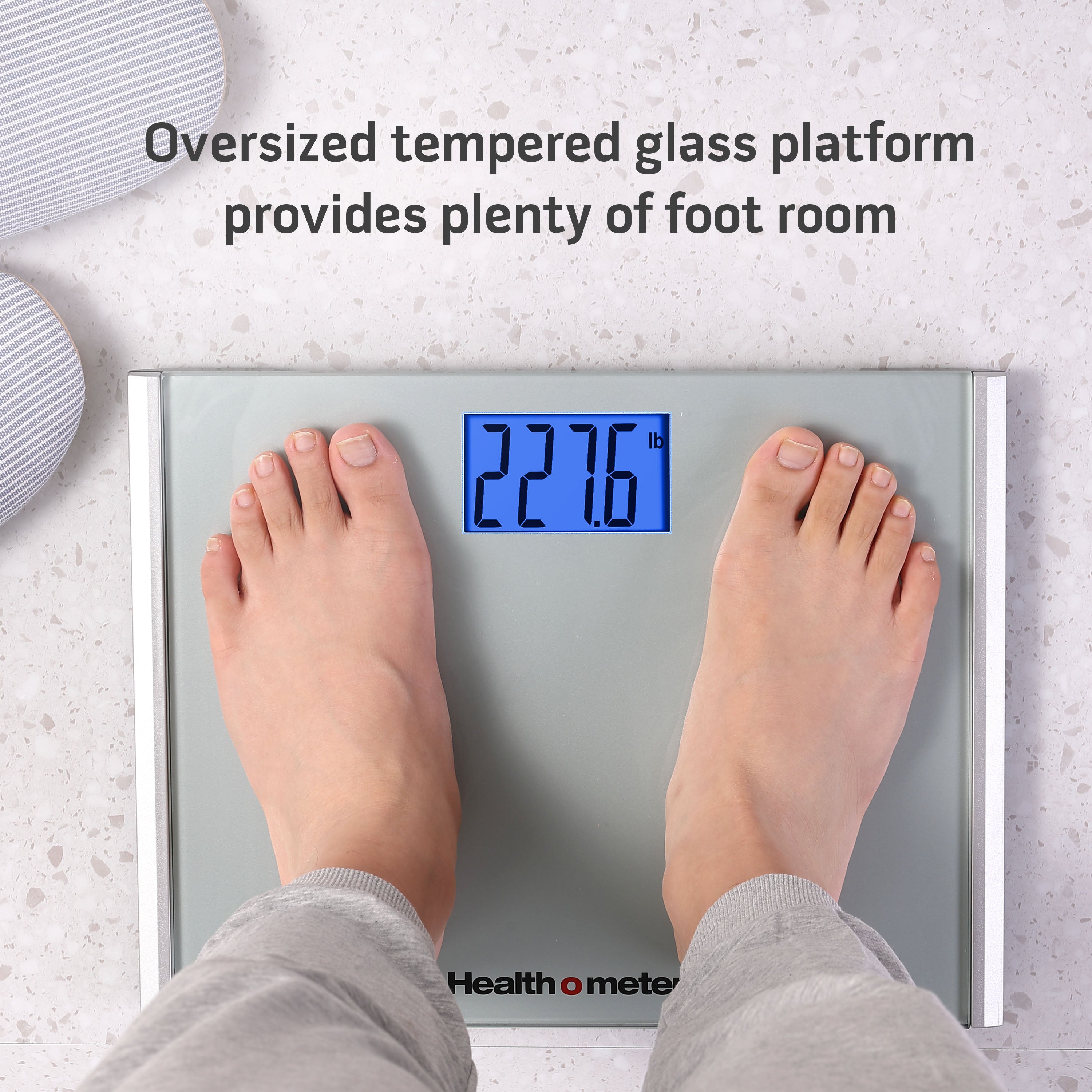 Health o meter Extra Wide Digital Scale, 440 lbs Capacity, Backlit LCD Display, Glass Platform, Silver