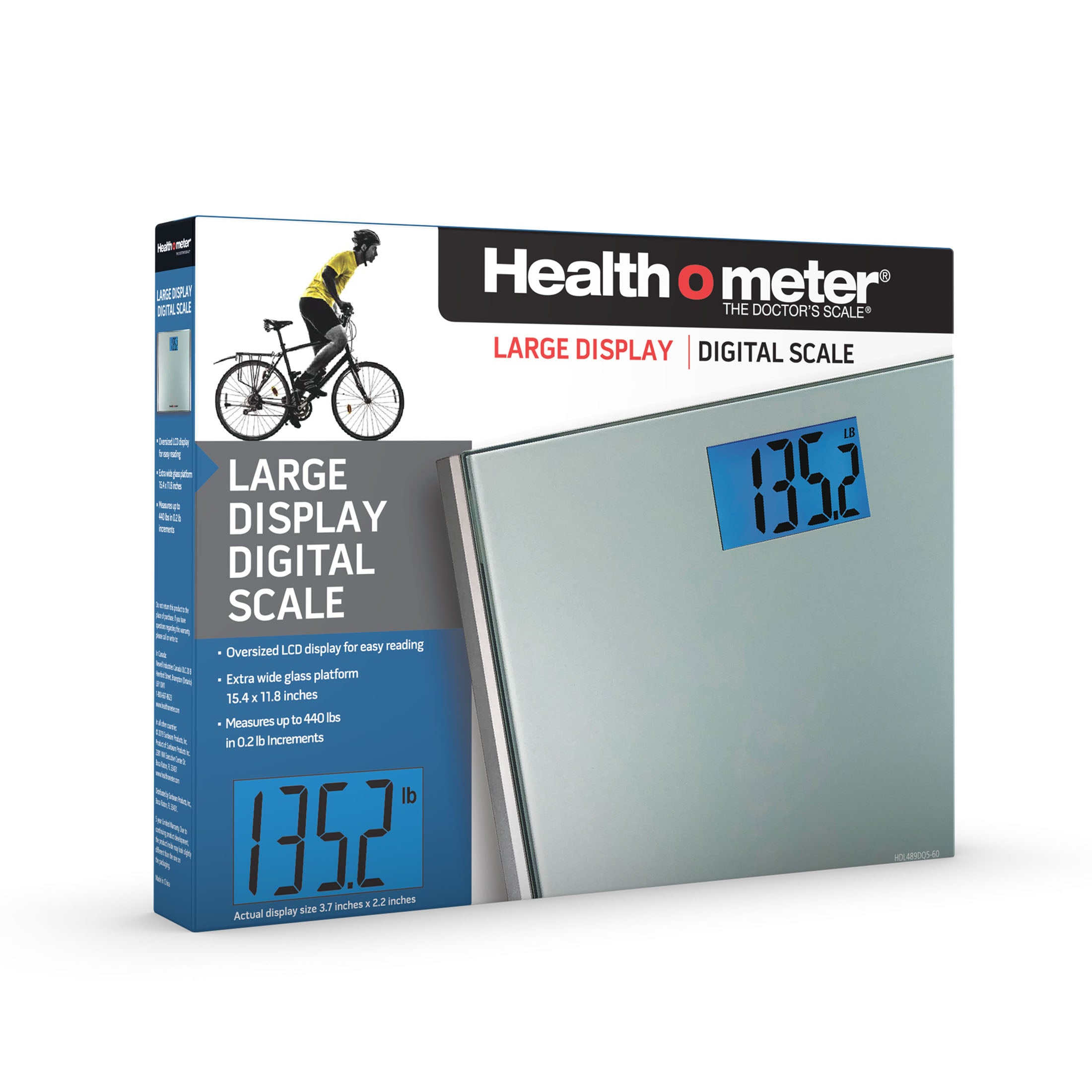 Health o meter Extra Wide Digital Scale, 440 lbs Capacity, Backlit LCD Display, Glass Platform, Silver