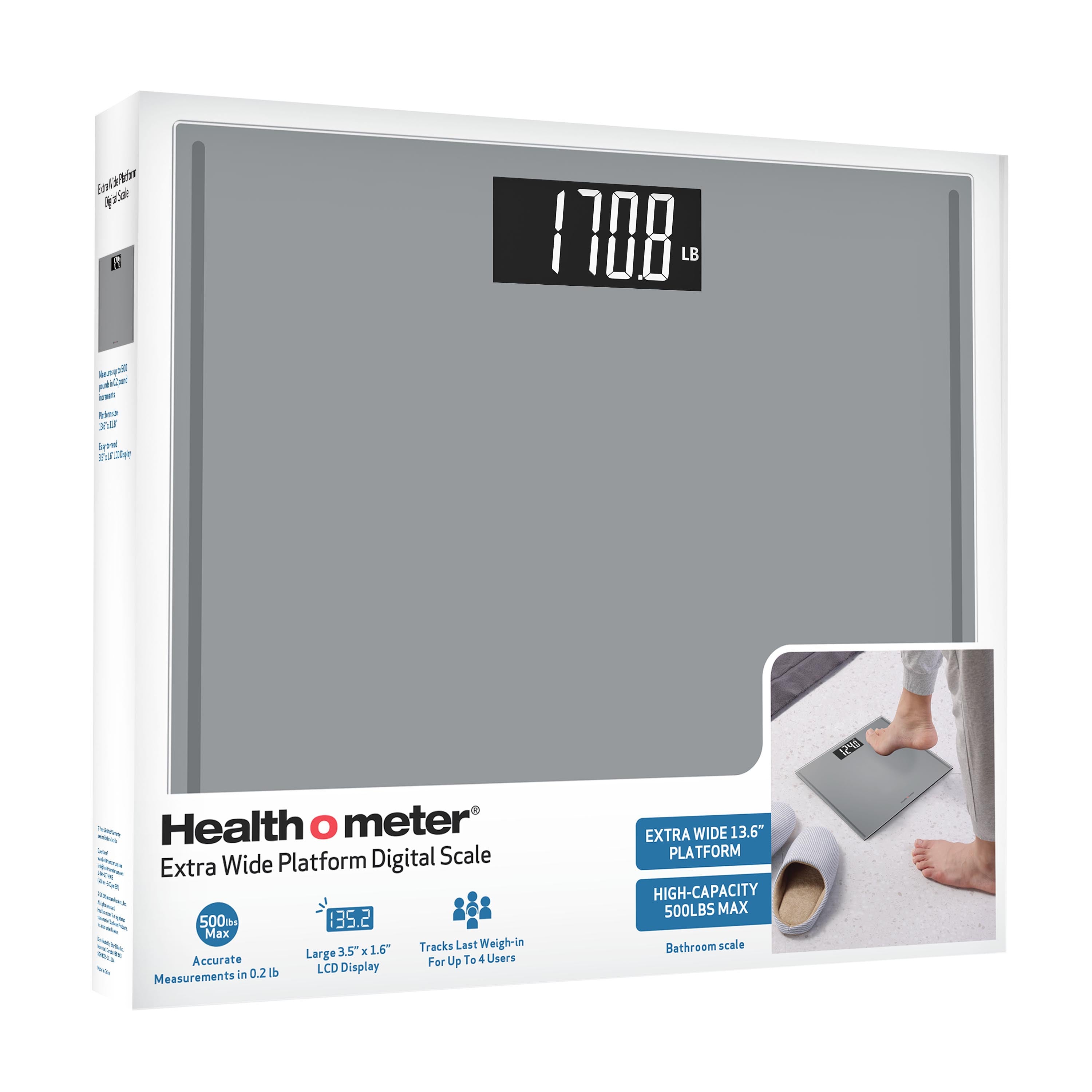 Health o meter Extra Wide Platform Digital Bathroom Scale with Advanced Technology, 500 lb Capacity, Grey